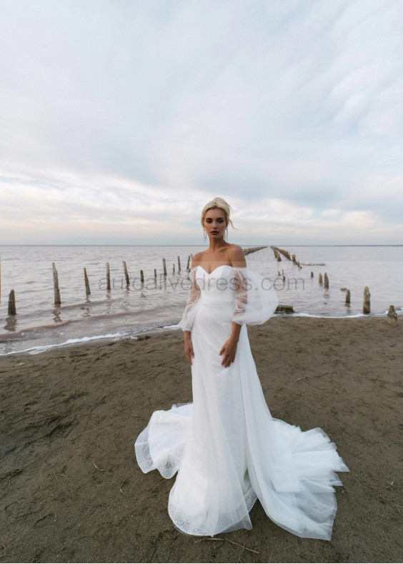 Off Shoulder White Glitter Lace Tulle Elegant Wedding Dress